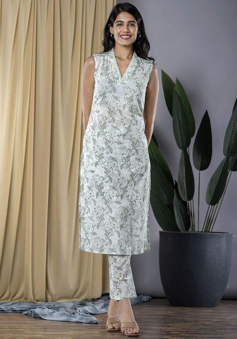 Green Printed Cotton Kurta Set — view on Indya
