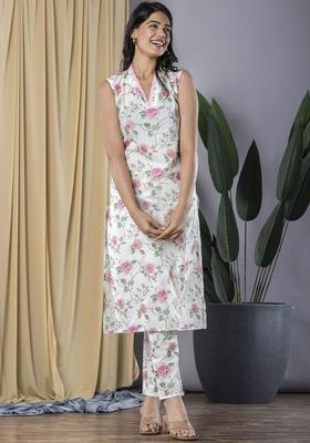 Peach Printed Cotton Kurta Set