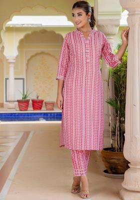 Red Printed Cotton Kurta Set