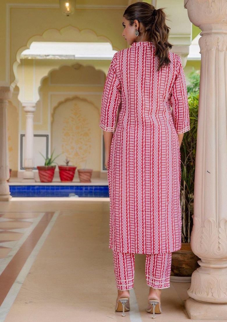 Red Printed Cotton Kurta Set - Indya