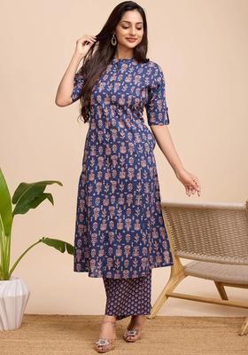 Navy Blue Printed Cotton Kurta Set