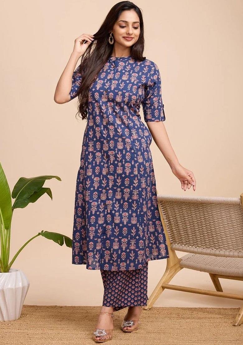 Navy Blue Printed Cotton Kurta Set - Indya