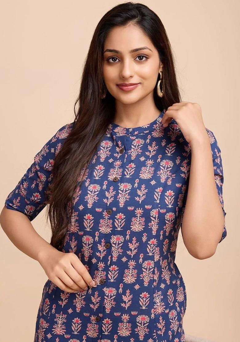 Navy Blue Printed Cotton Kurta Set - Indya