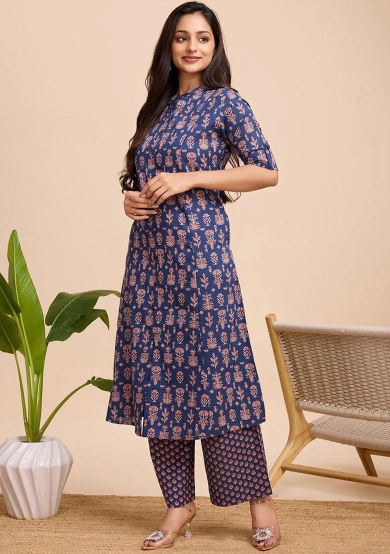 Navy Blue Printed Cotton Kurta Set - Indya