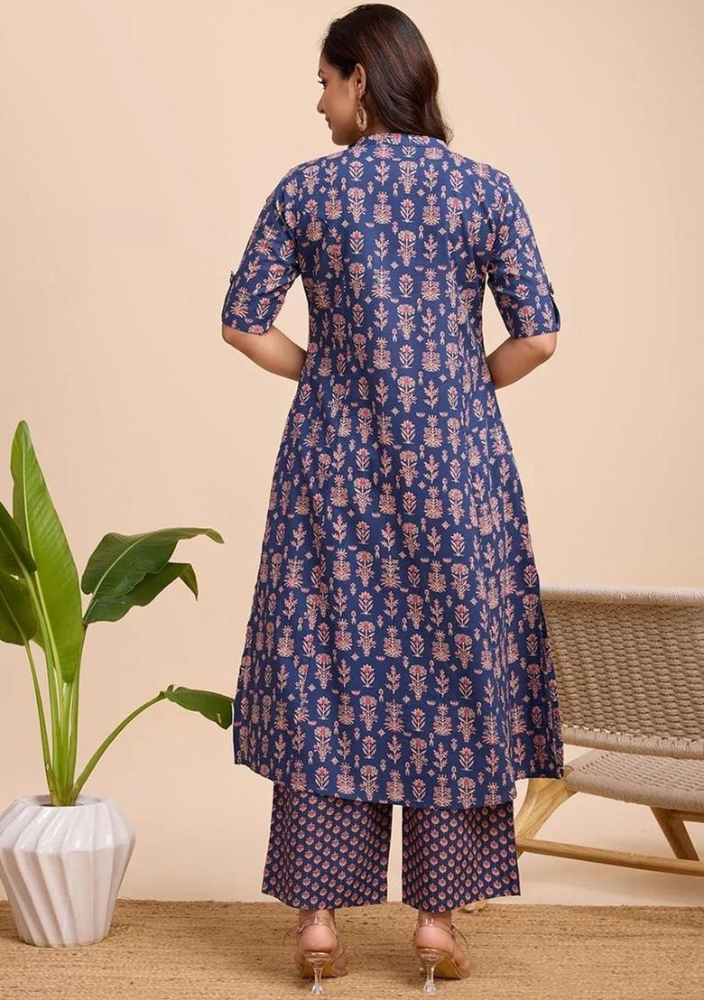 Navy Blue Printed Cotton Kurta Set - Indya