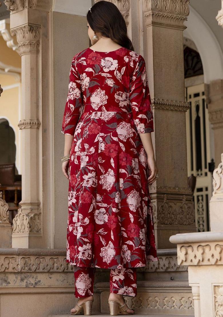 Maroon Printed Cotton Kurta Set - Indya