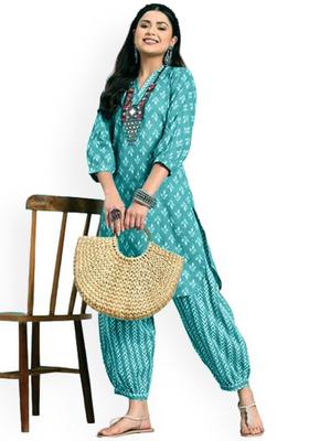 Teal Printed Cotton Kurta Set
