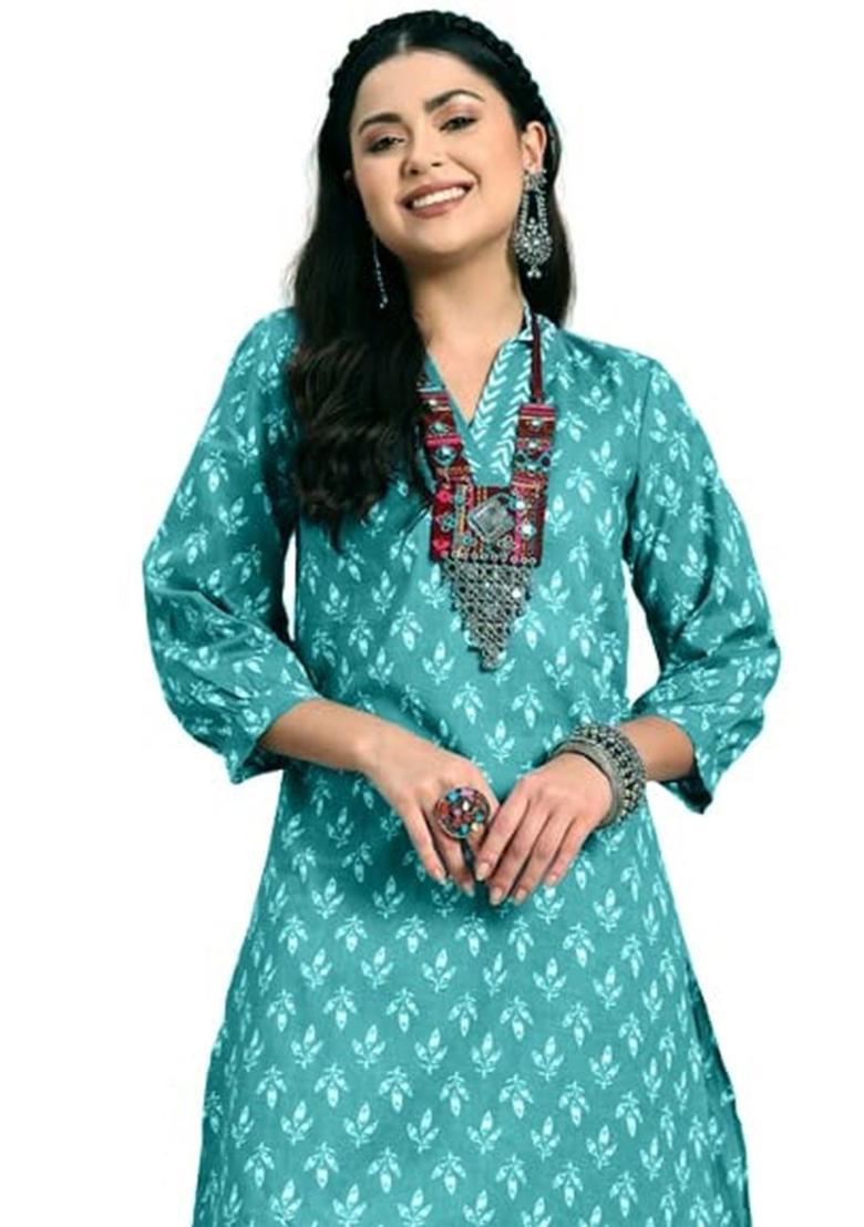 Teal Printed Cotton Kurta Set - Indya