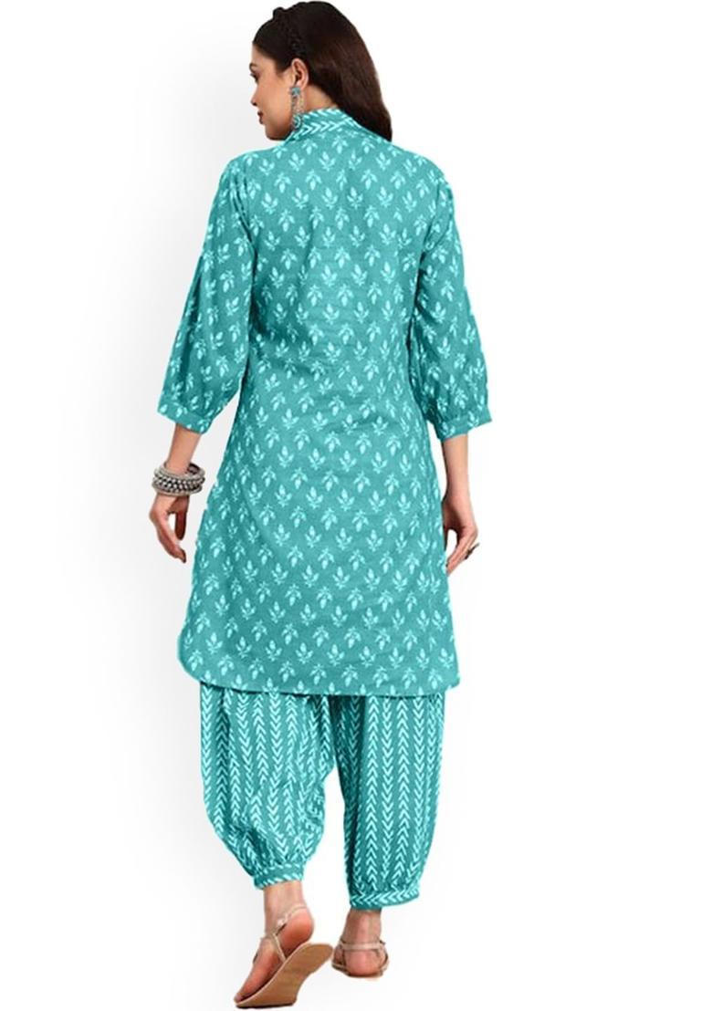Teal Printed Cotton Kurta Set - Indya
