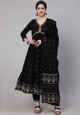 Black Embroidered Viscose Anarkali Set