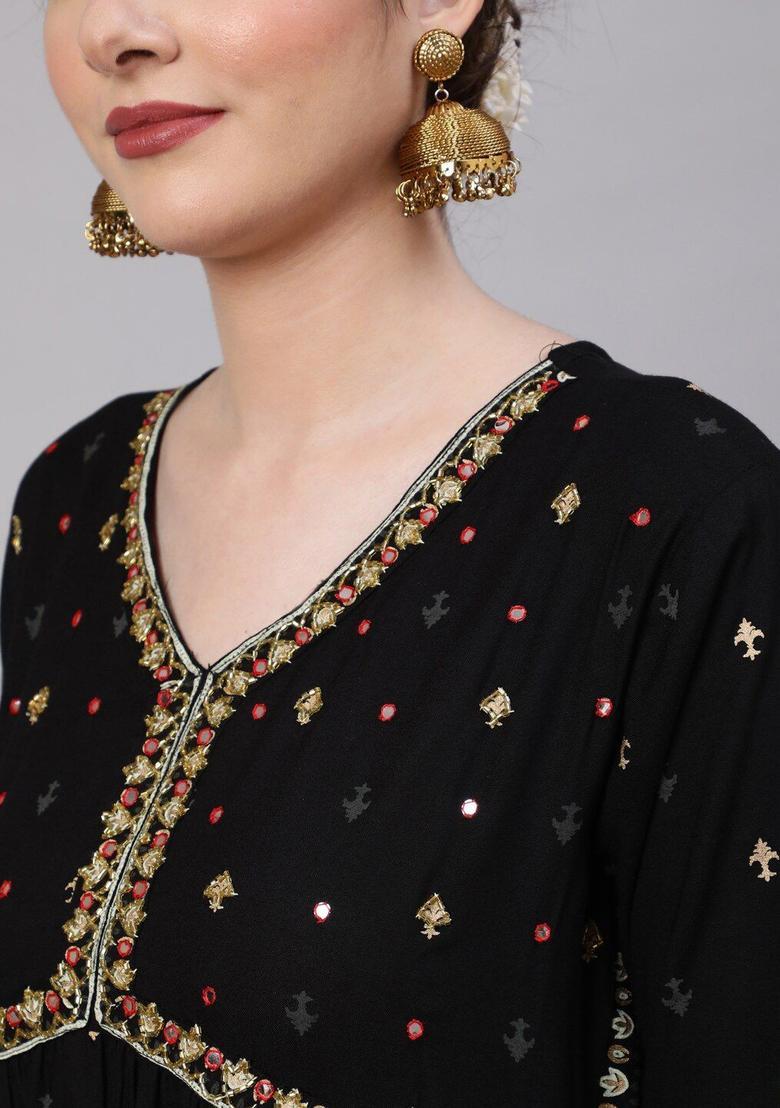 Black Embroidered Viscose Anarkali Set - Indya