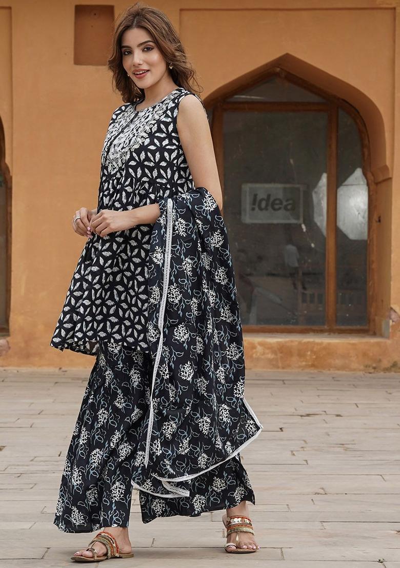 Black Printed Viscose Kurta Set - Indya