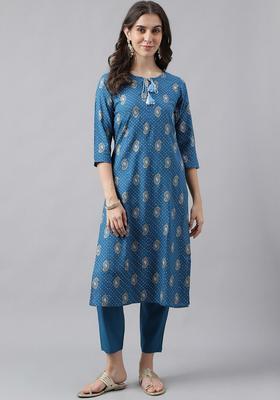 Blue Printed Viscose Kurta Set