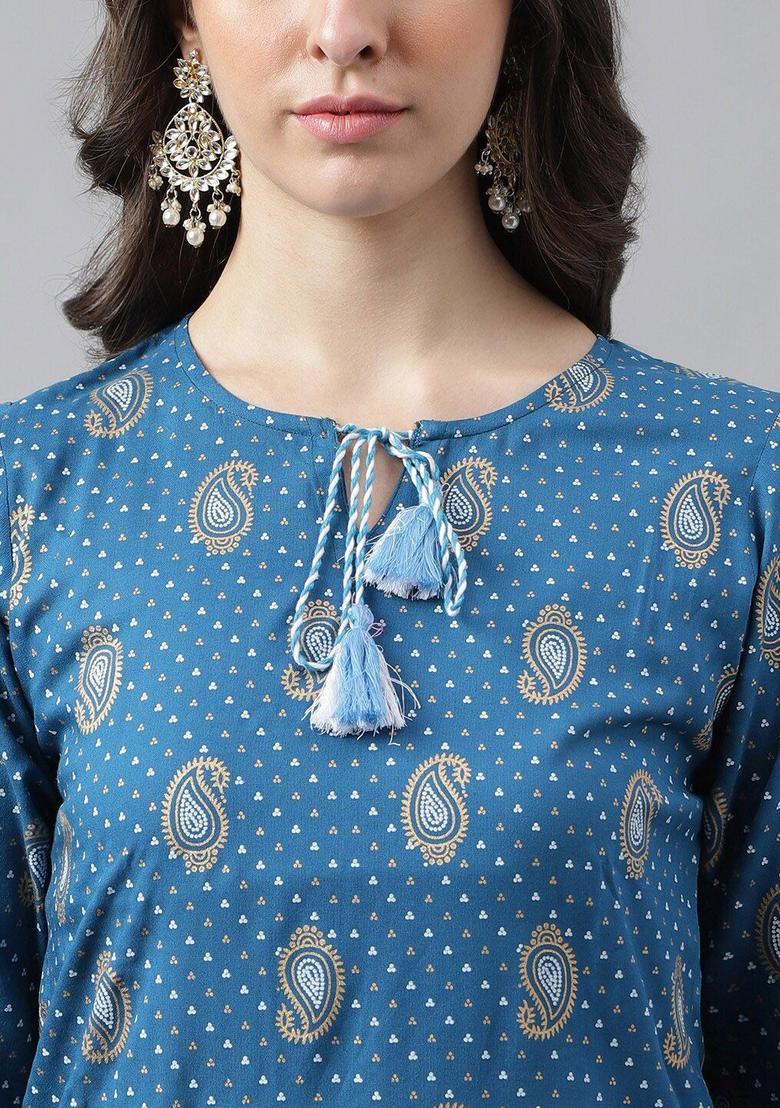 Blue Printed Viscose Kurta Set - Indya