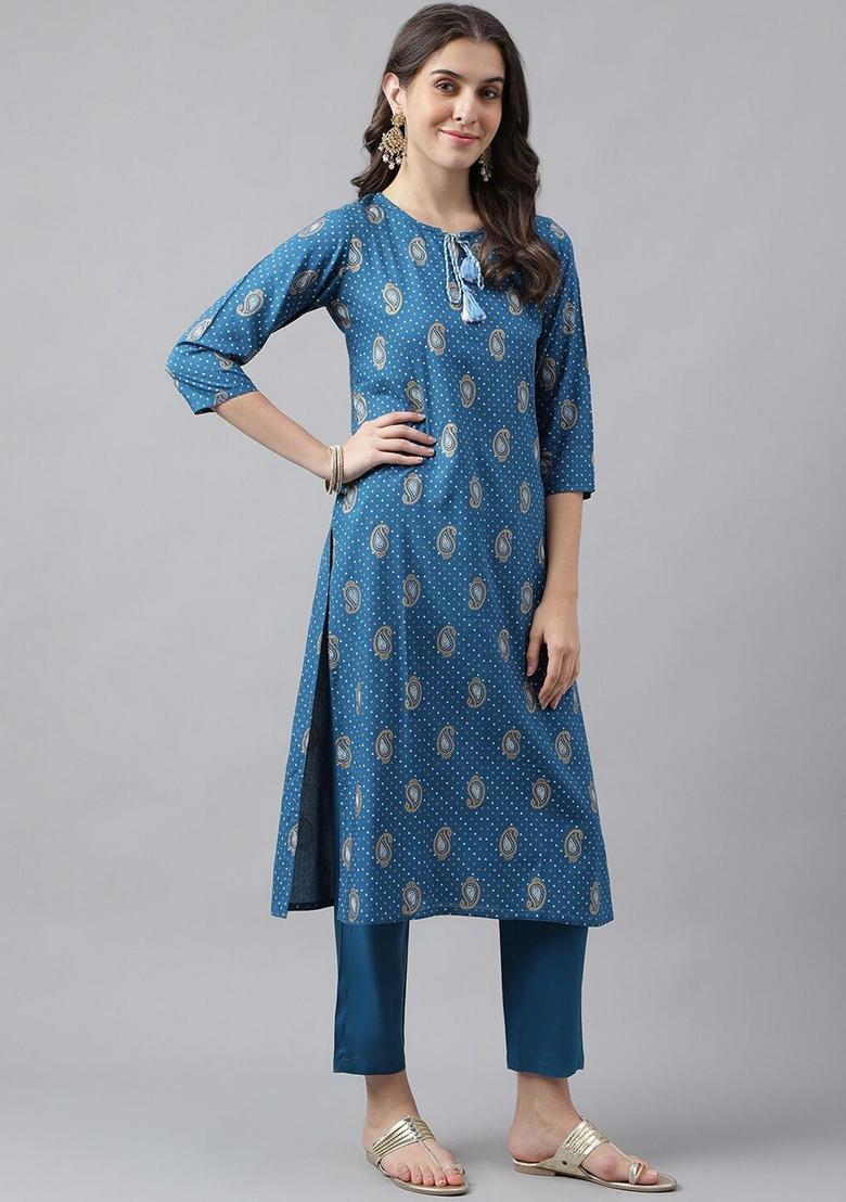 Blue Printed Viscose Kurta Set - Indya
