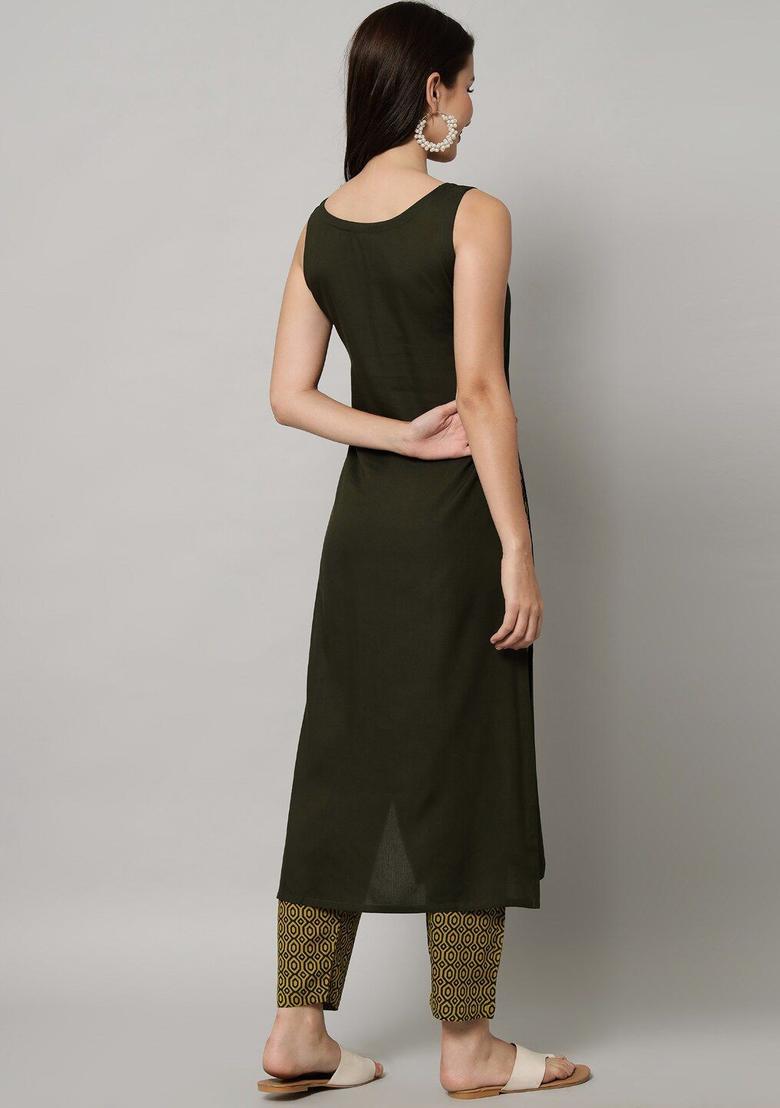 Green Solid Viscose Kurta Set - Indya