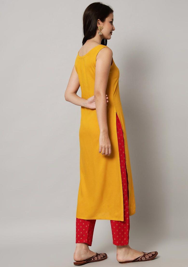 Yellow Solid Viscose Kurta Set - Indya