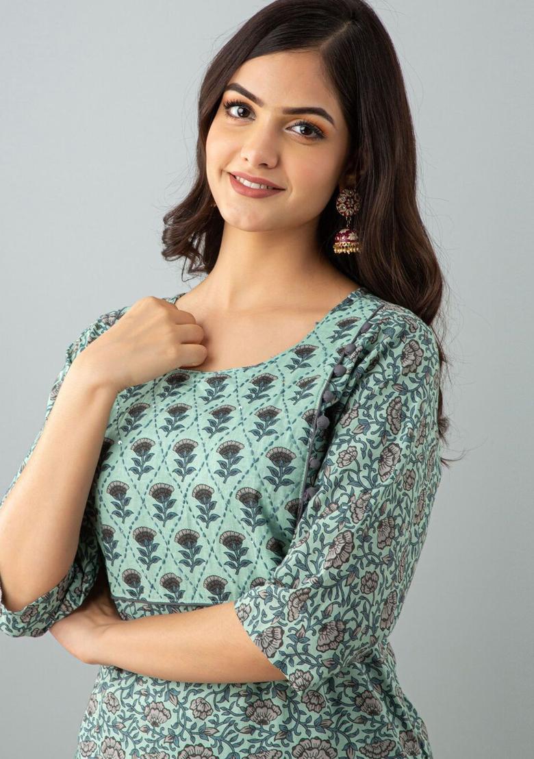 Green Printed Cotton Kurta Set - Indya
