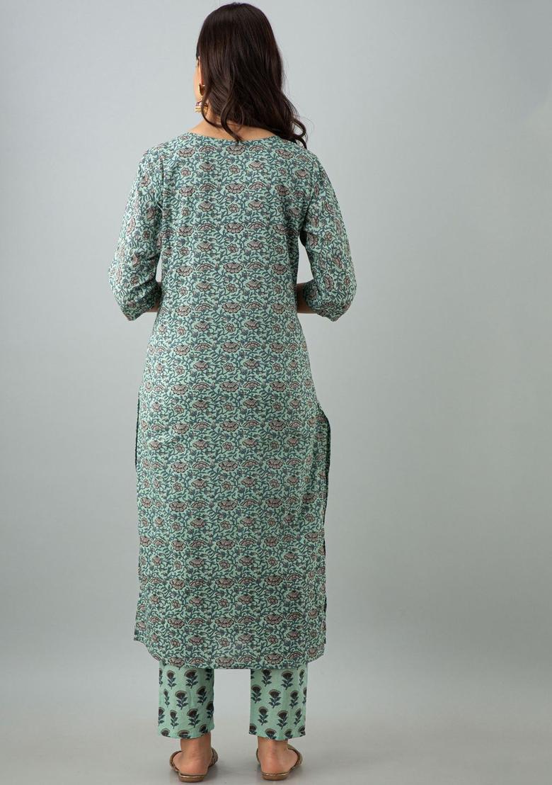 Green Printed Cotton Kurta Set - Indya