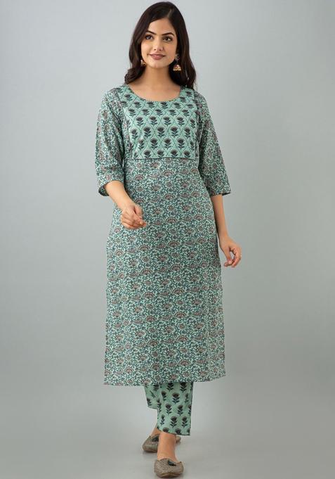 Green Printed Cotton Kurta Set — view on Indya
