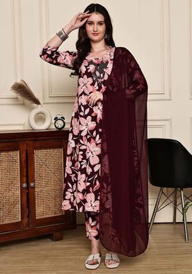 Maroon Printed Cotton Kurta Set