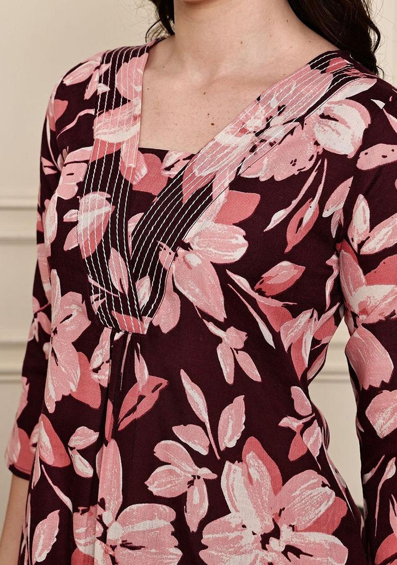 Maroon Printed Cotton Kurta Set - Indya