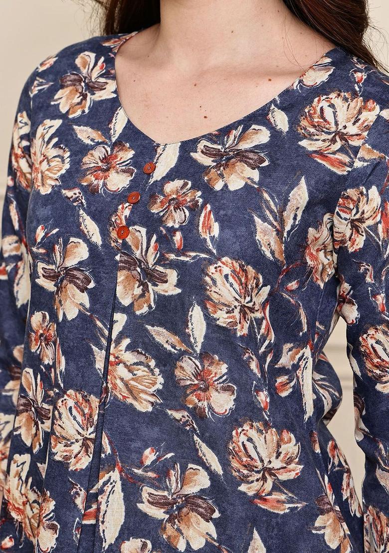 Blue Printed Cotton Kurta Set - Indya