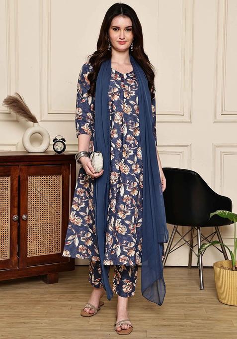 Blue Printed Cotton Kurta Set