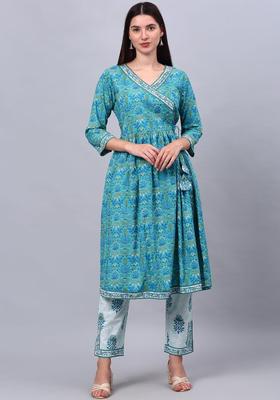 Turquoise Blue Self Design Cotton Kurta Set