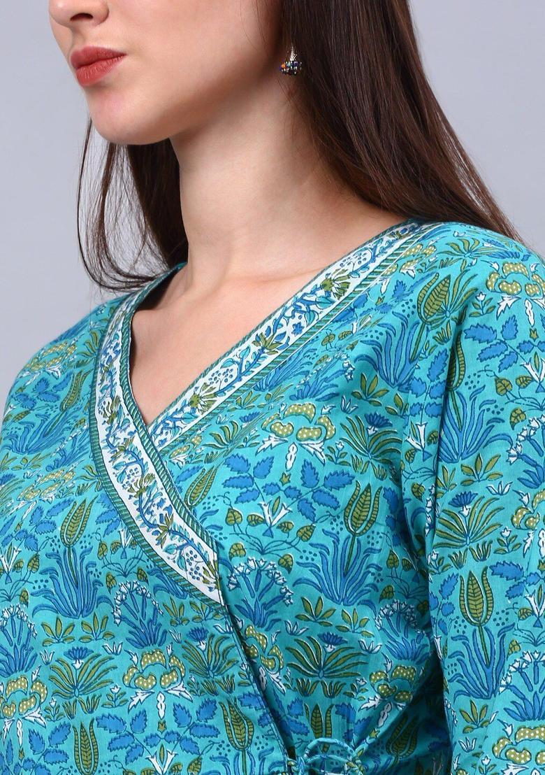 Turquoise Blue Self Design Cotton Kurta Set - Indya