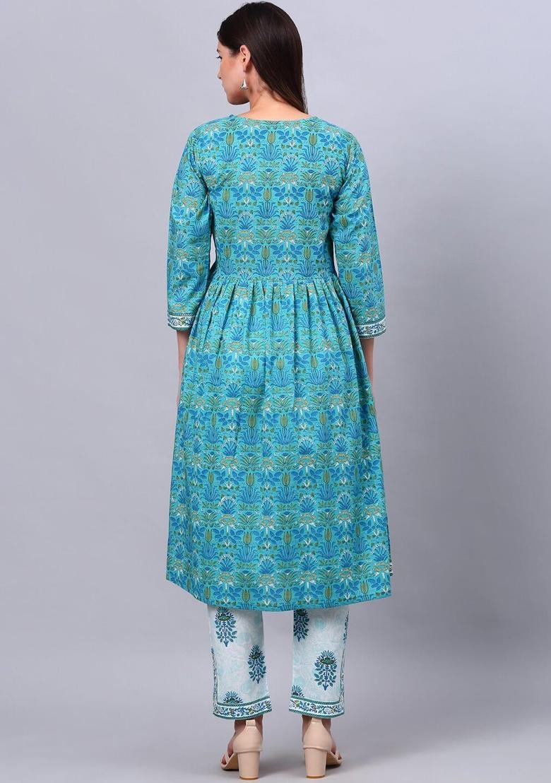 Turquoise Blue Self Design Cotton Kurta Set - Indya