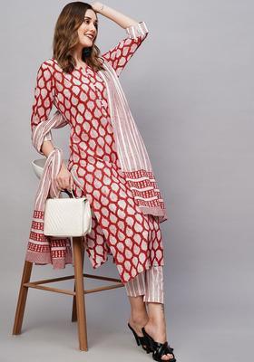 Red Printed Cotton Kurta Set