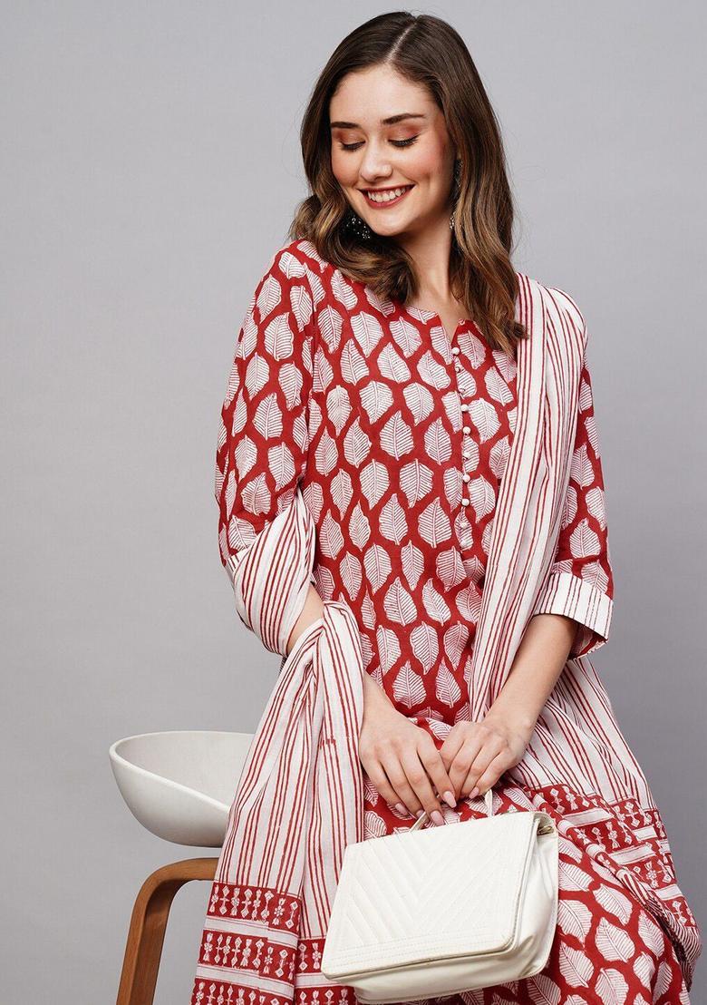 Red Printed Cotton Kurta Set - Indya