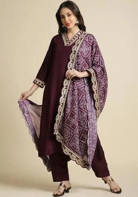 Maroon Solid Silk Kurta Set
