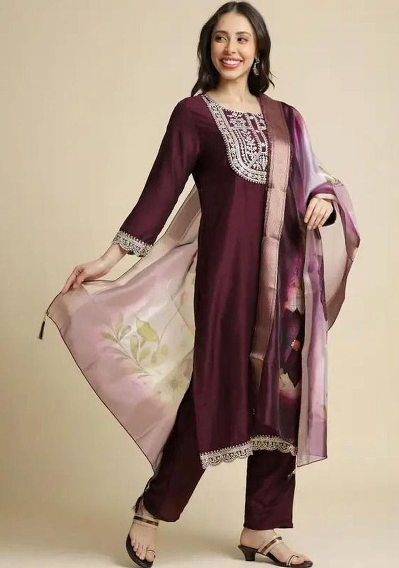 Maroon Solid Silk Kurta Set - Indya