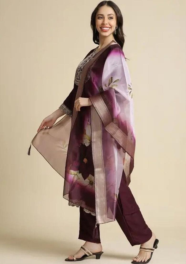 Maroon Solid Silk Kurta Set - Indya