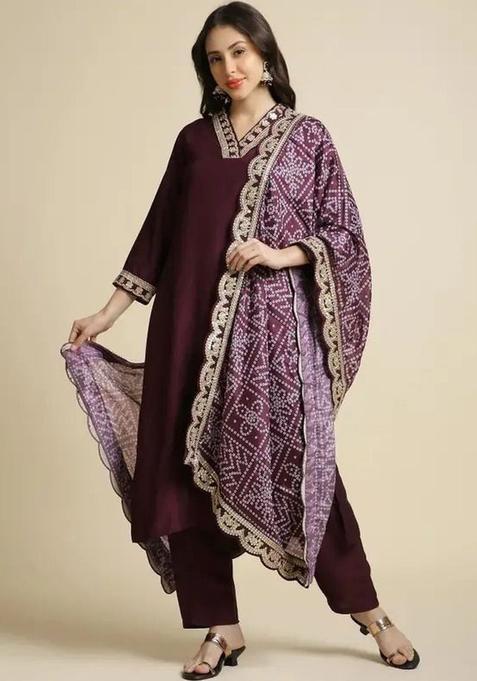 Maroon Solid Silk Kurta Set — view on Indya