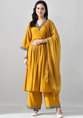 Mustard Solid Silk Kurta Set