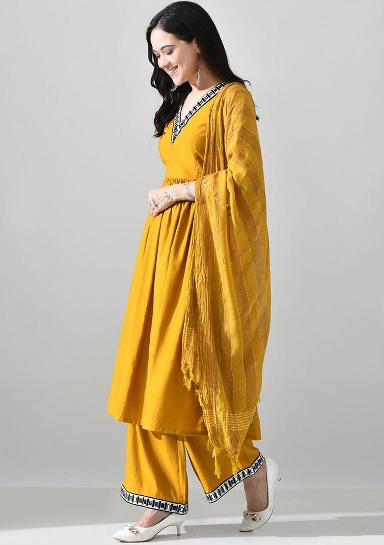 Mustard Solid Silk Kurta Set - Indya