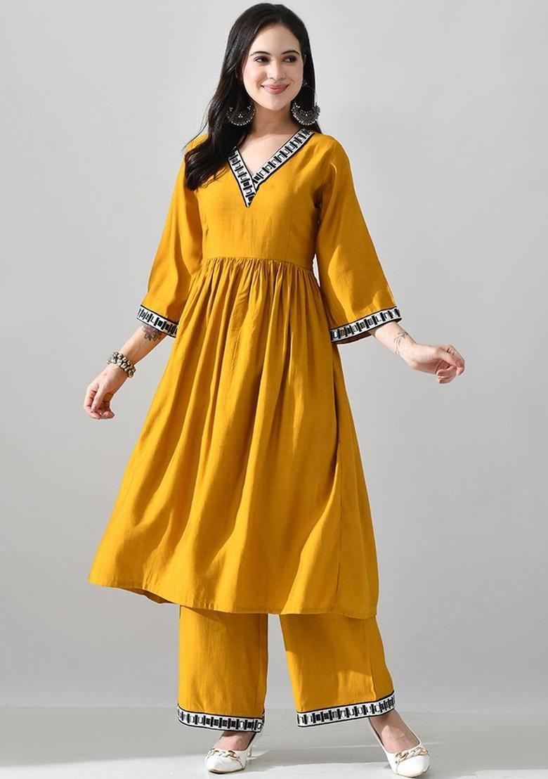Mustard Solid Silk Kurta Set - Indya
