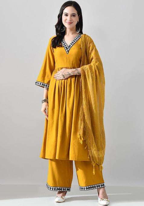 Mustard Solid Silk Blend Kurta Set
