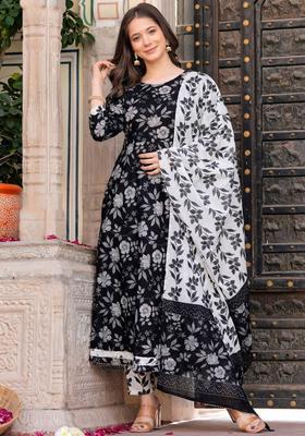 Black Printed Viscose Anarkali Set