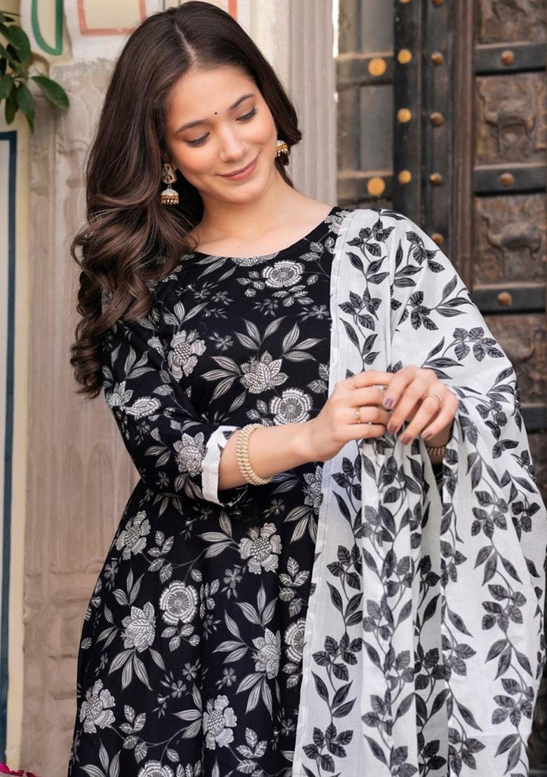 Black Printed Viscose Anarkali Set - Indya