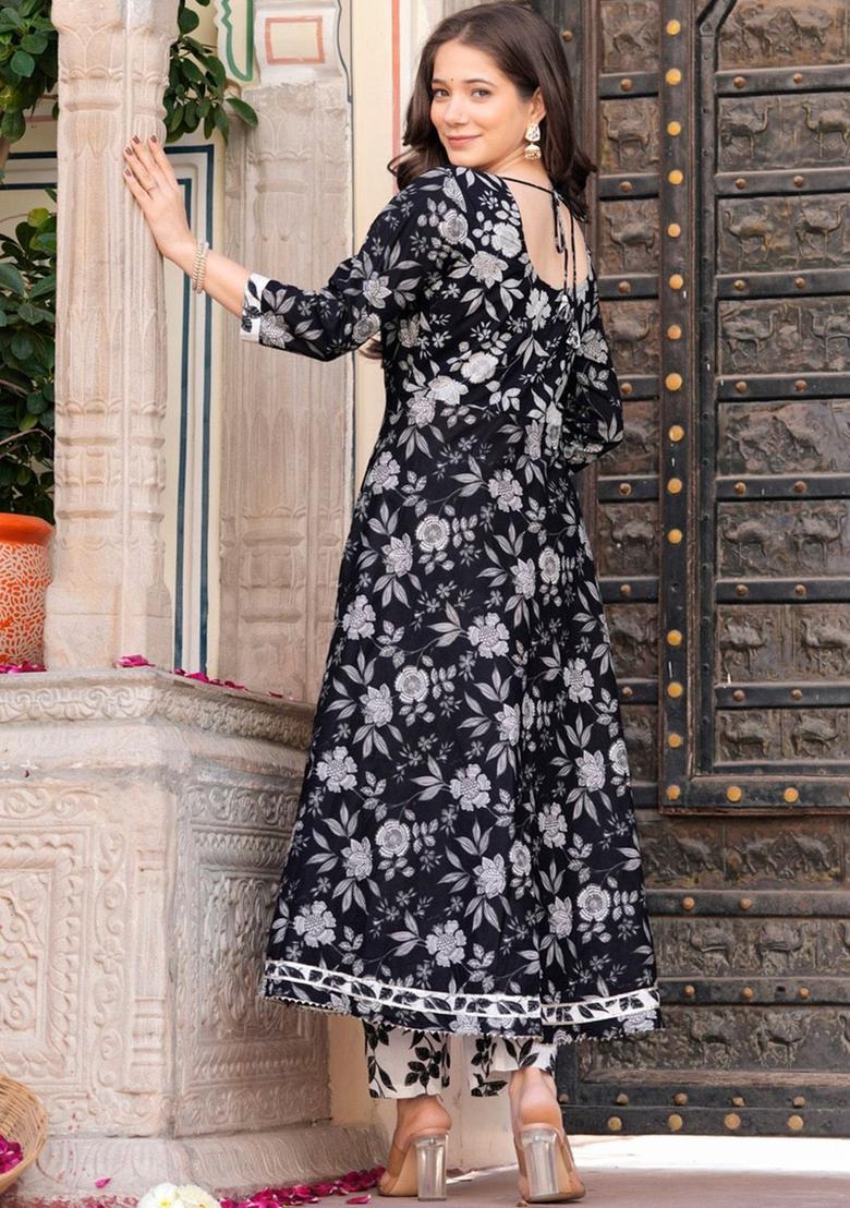 Black Printed Viscose Anarkali Set - Indya