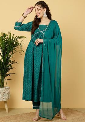 Teal Printed Viscose Anarkali Set