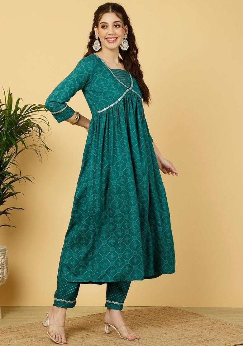 Teal Printed Viscose Anarkali Set - Indya