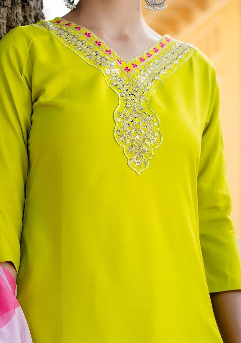 Lime Green Embroidered Viscose Kurta Set - Indya