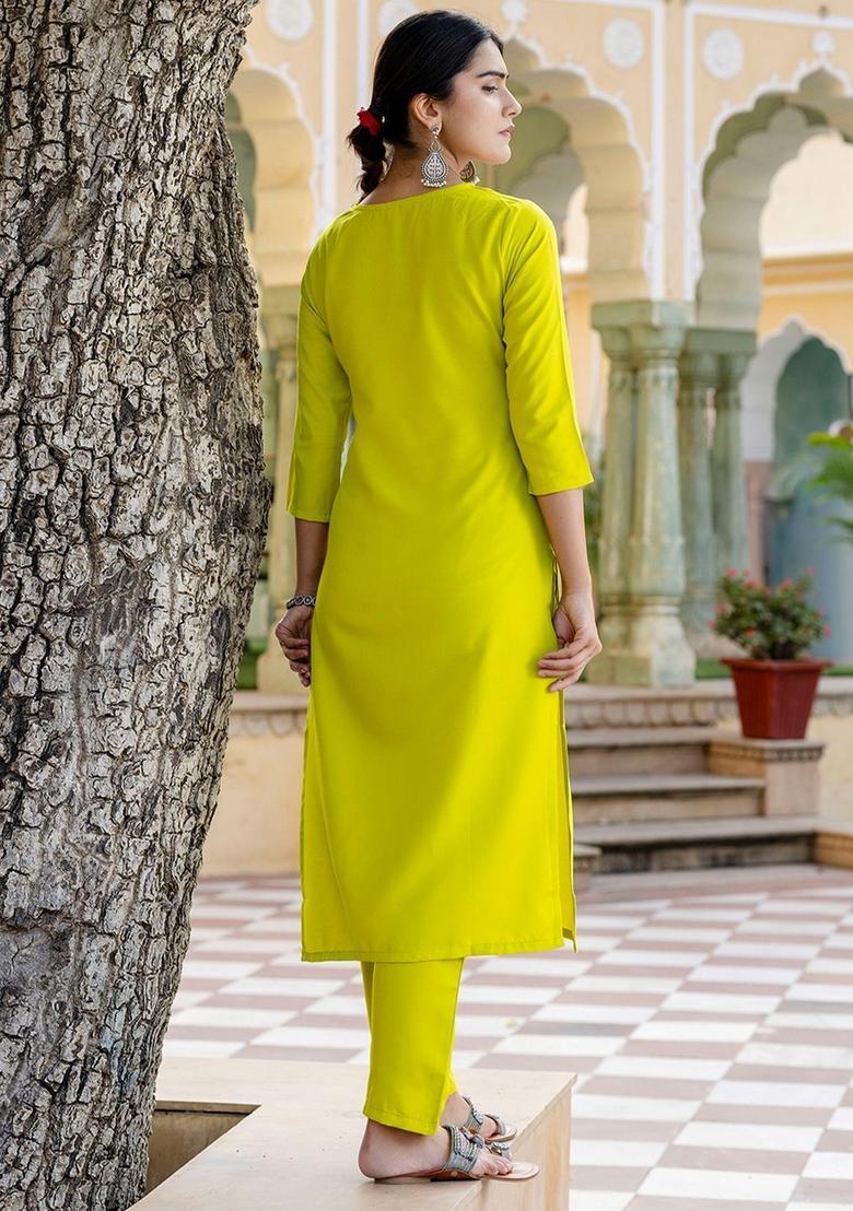 Lime Green Embroidered Viscose Kurta Set - Indya