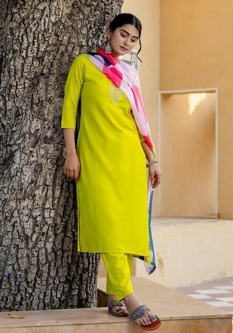 Lime Green Embroidered Viscose Kurta Set — view on Indya