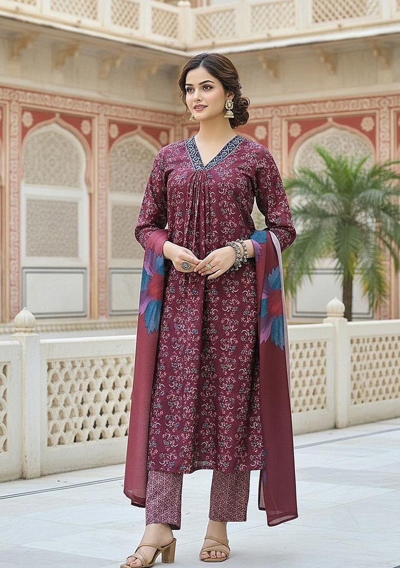 Maroon Printed Cotton Kurta Set - Indya